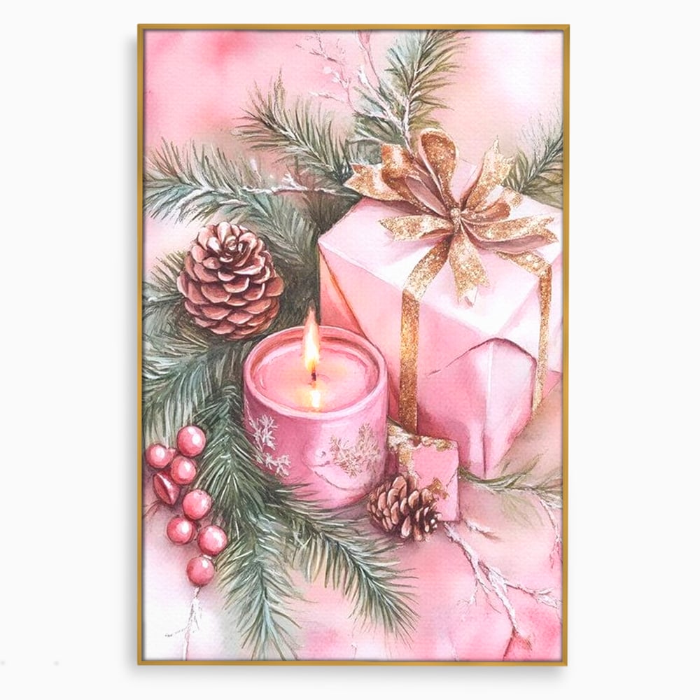 Tablou canvas cu ilustratie cu lumanare si cadou roz, in rama de aluminiu auriu